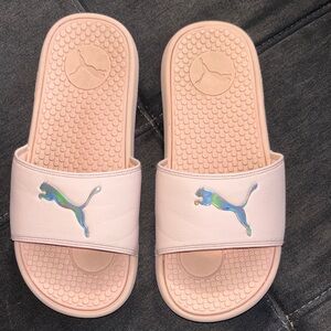 Puma Blush Pink Slides with Holographic Cat Logo. Cool Cat 2.0